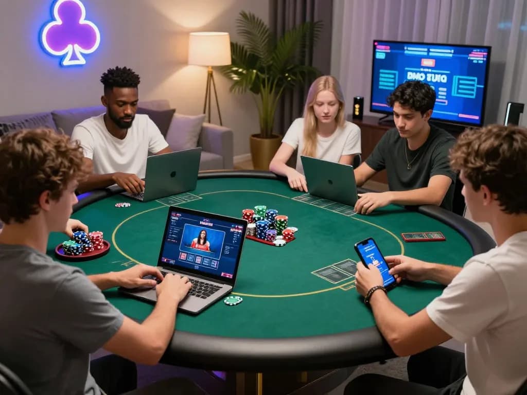 Engaging online poker gameplay on mobile and laptop devices at home, showcasing https://digitalgamesprices.com/xboxone.html environments, players focused on their screens, creating a vibrant atmospher