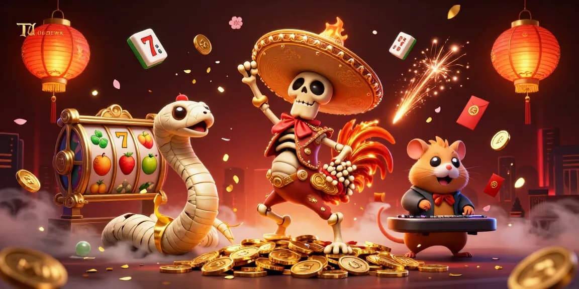 Engage with UGDEWA through animated characters celebrating wins on slot reels amidst festive decorations.