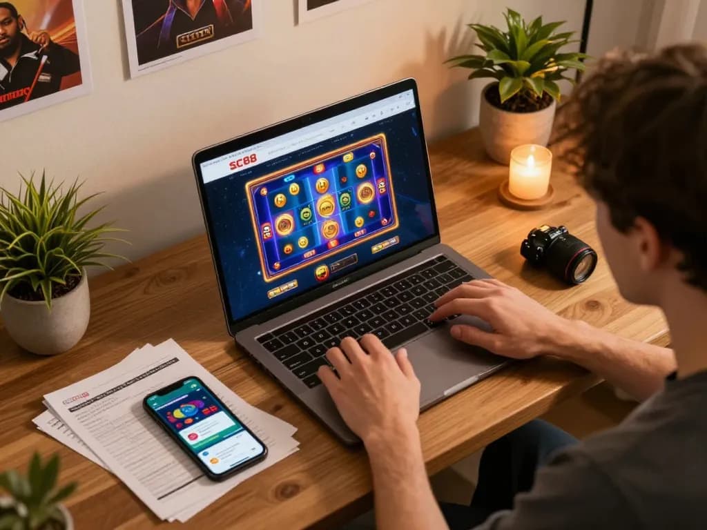 Player using SC88 online casino interface on laptop while strategizing with notes.