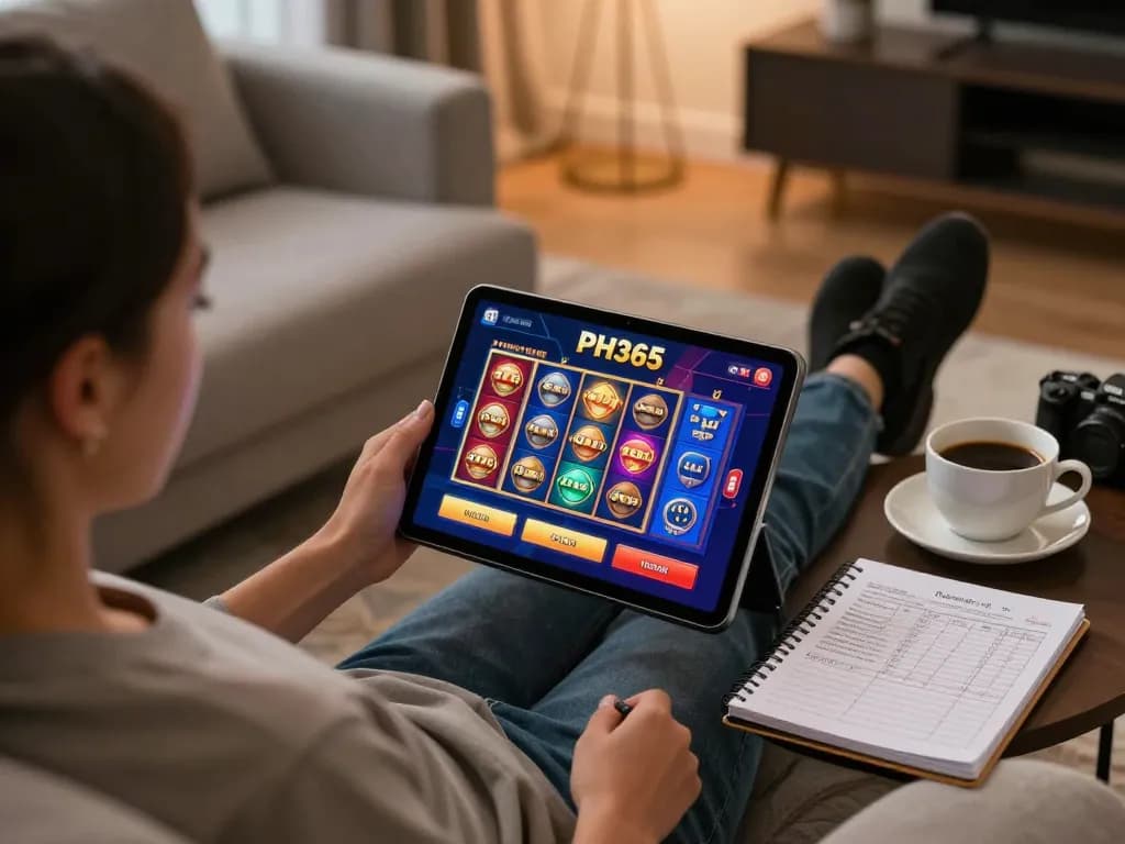 Engaging home gaming scene showing a player on PH365 tablet, emphasizing strategic casino gameplay.