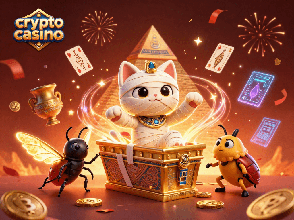 Engaging scene of a crypto casino with a mummy cat and glowing coins, celebrating wins.