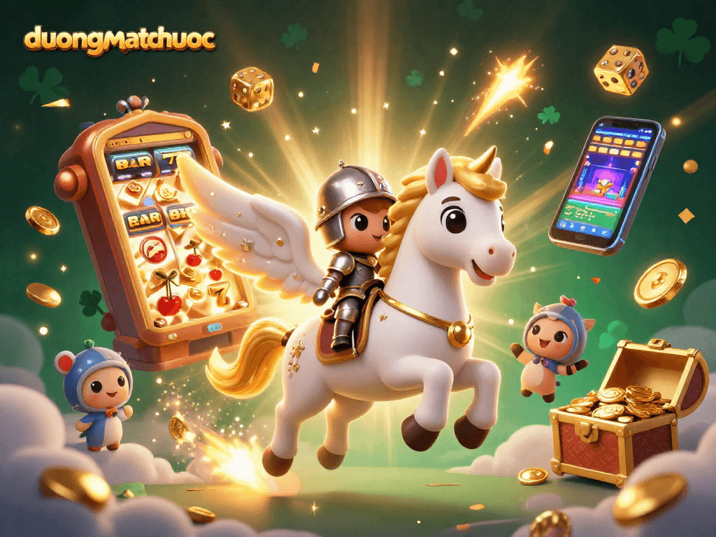 Win big with duongmatchuoc as the celestial horse gallops through a jackpot explosion in this 3D colorful casino illustration.