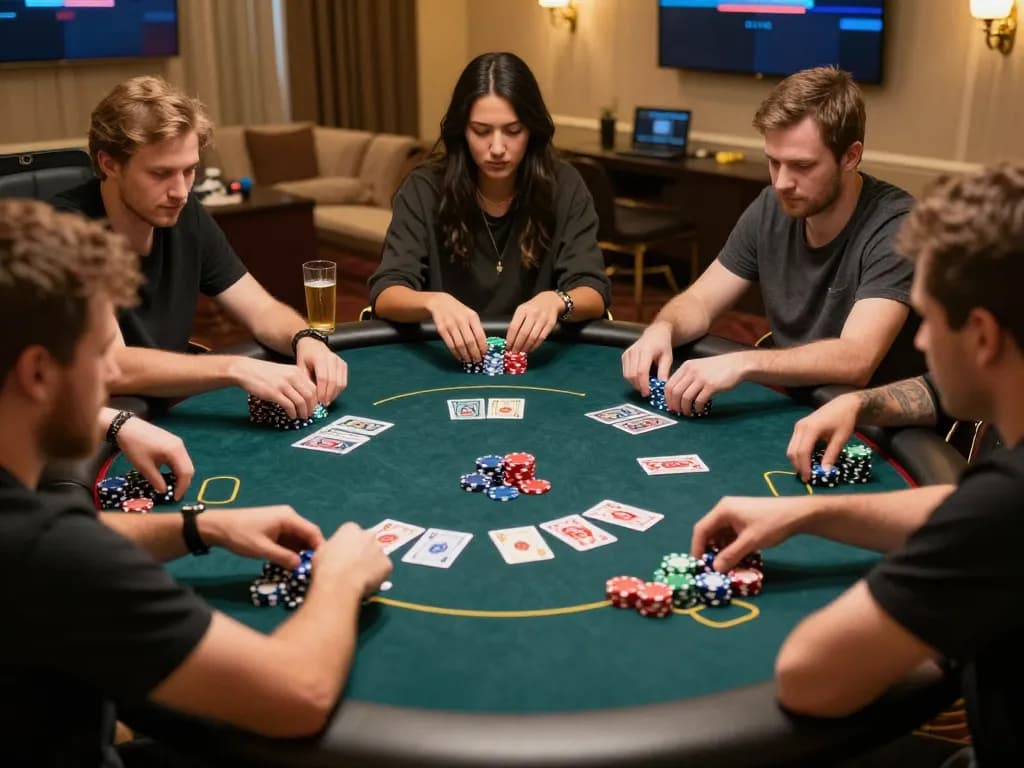 O8 players strategizing in an intense online poker game with colorful chips on a sleek table