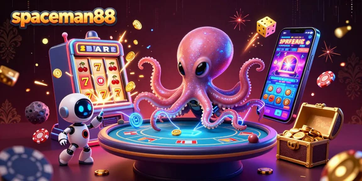 Engage in thrilling gameplay with spaceman88 as a cartoon alien octopus deals holographic poker.