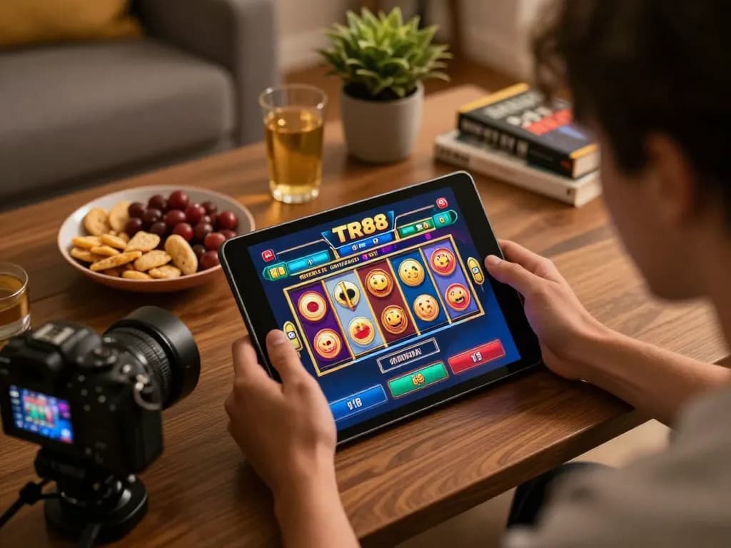 Engaged player enjoying TR88 online slots on tablet in a cozy home setting