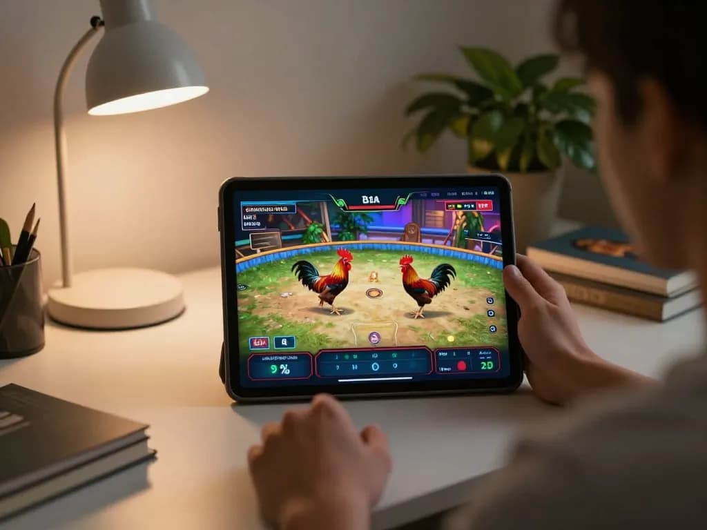 Watch Đá gà thomo live stream on tablet in cozy home setup, capturing online excitement.