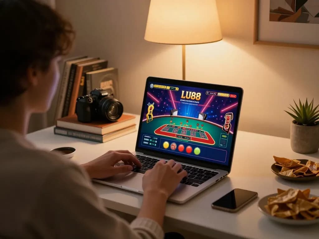 LU88 player enjoying a live dealer blackjack game on laptop in a cozy home setting