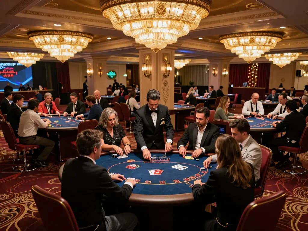 IWIN players engaged in intense poker gameplay at an upscale live casino, showcasing strategic betting actions.