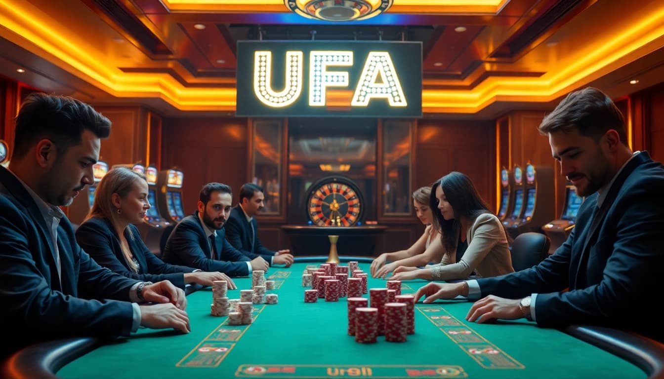 Experience the thrill of gambling at a UFA-themed casino, featuring poker tables and slot machines.