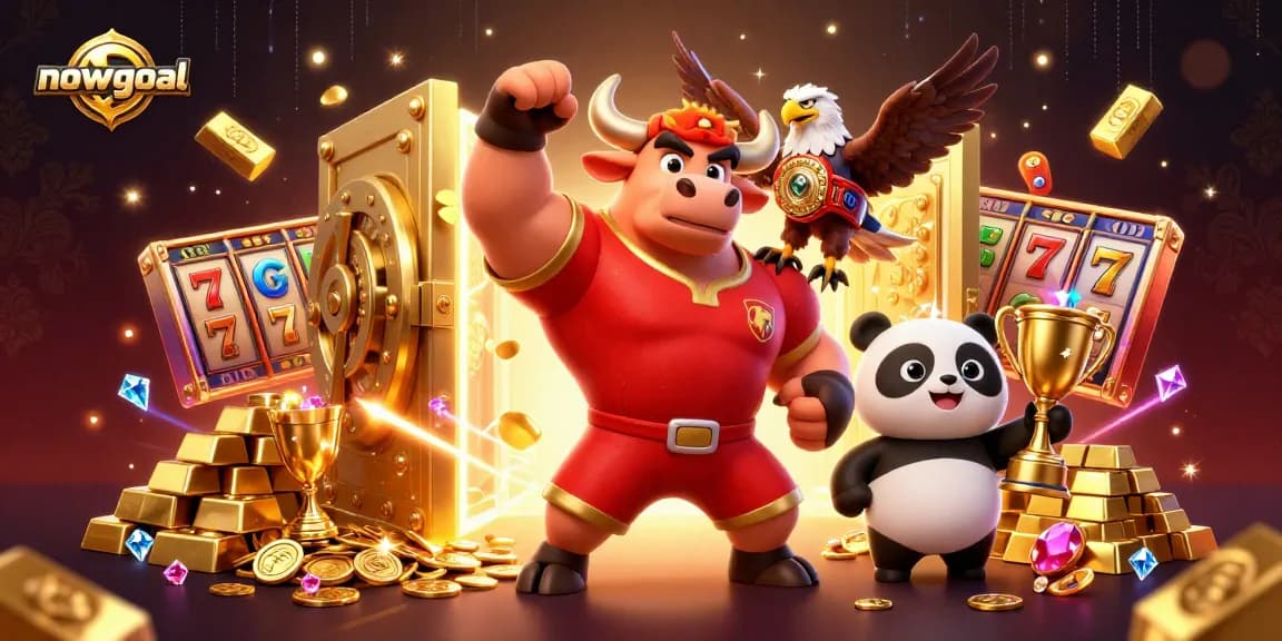 Nowgoal live scores with a triumphant bull mascot, eagle, and panda amidst vibrant casino elements