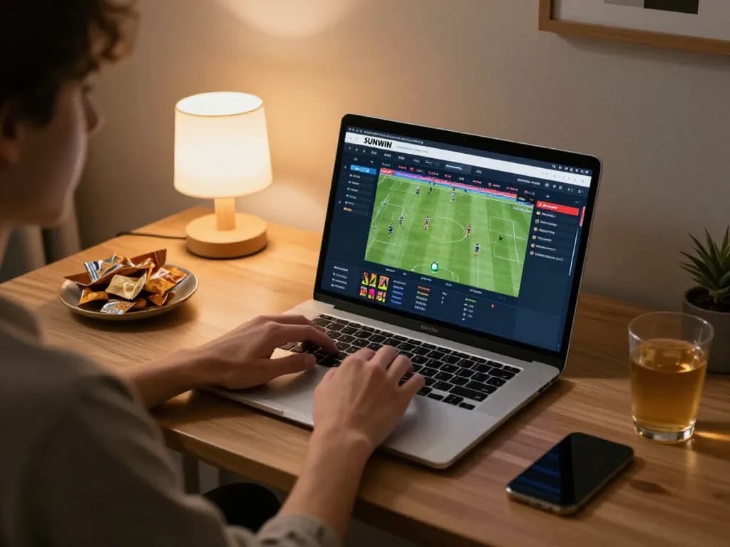 Player enthusiastically using SUNWIN for online sports betting from a cozy home setup.