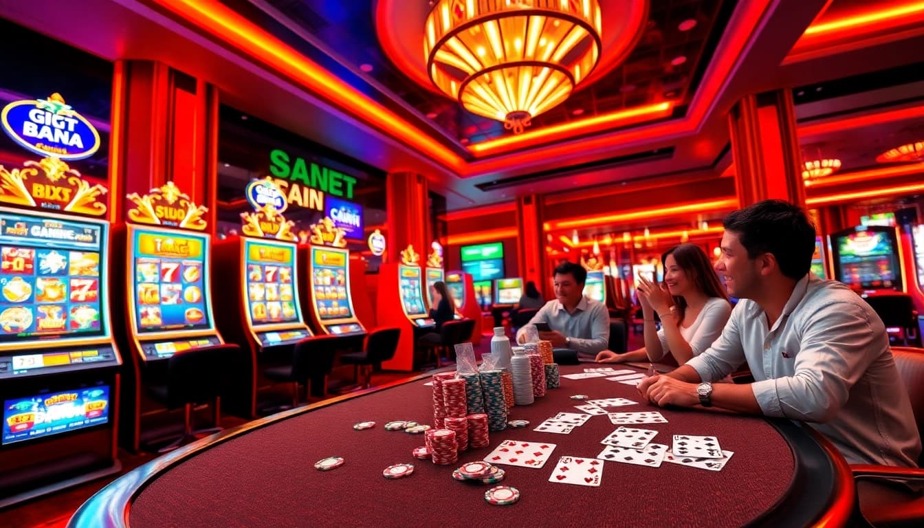 Engaging scene of players enjoying 918Kaya PNG casino games with vibrant slot machines and poker chips.