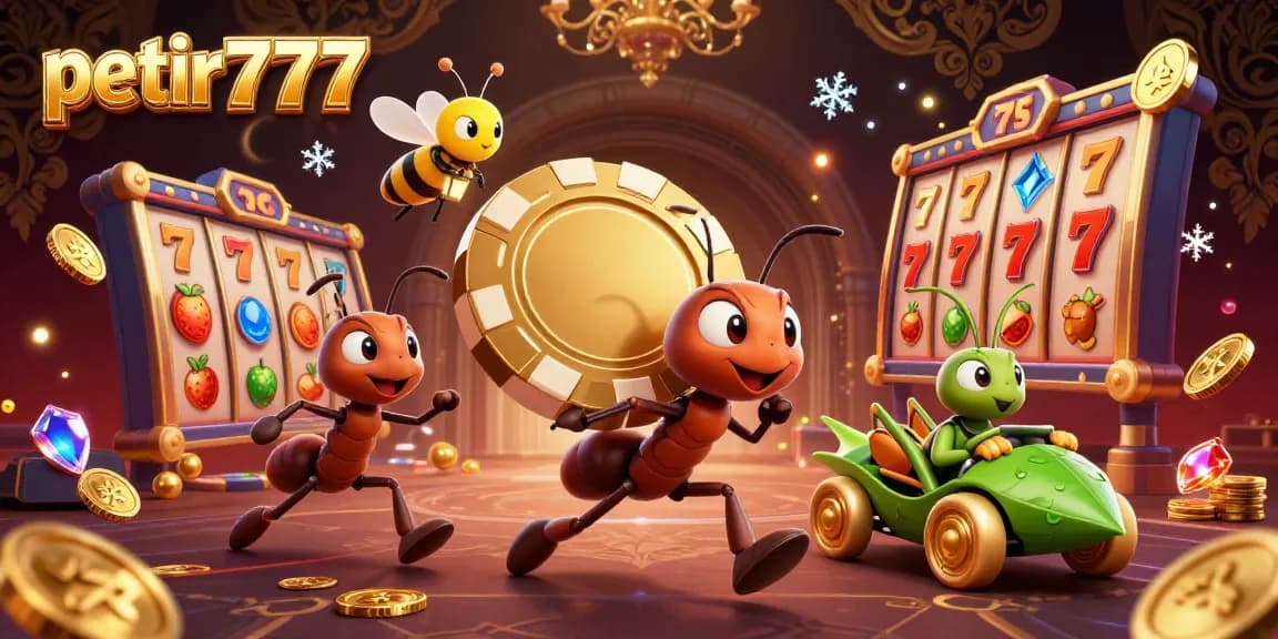 Experience petir777 thrilling slots action with ants carrying golden chips in a dynamic casino heist scene.