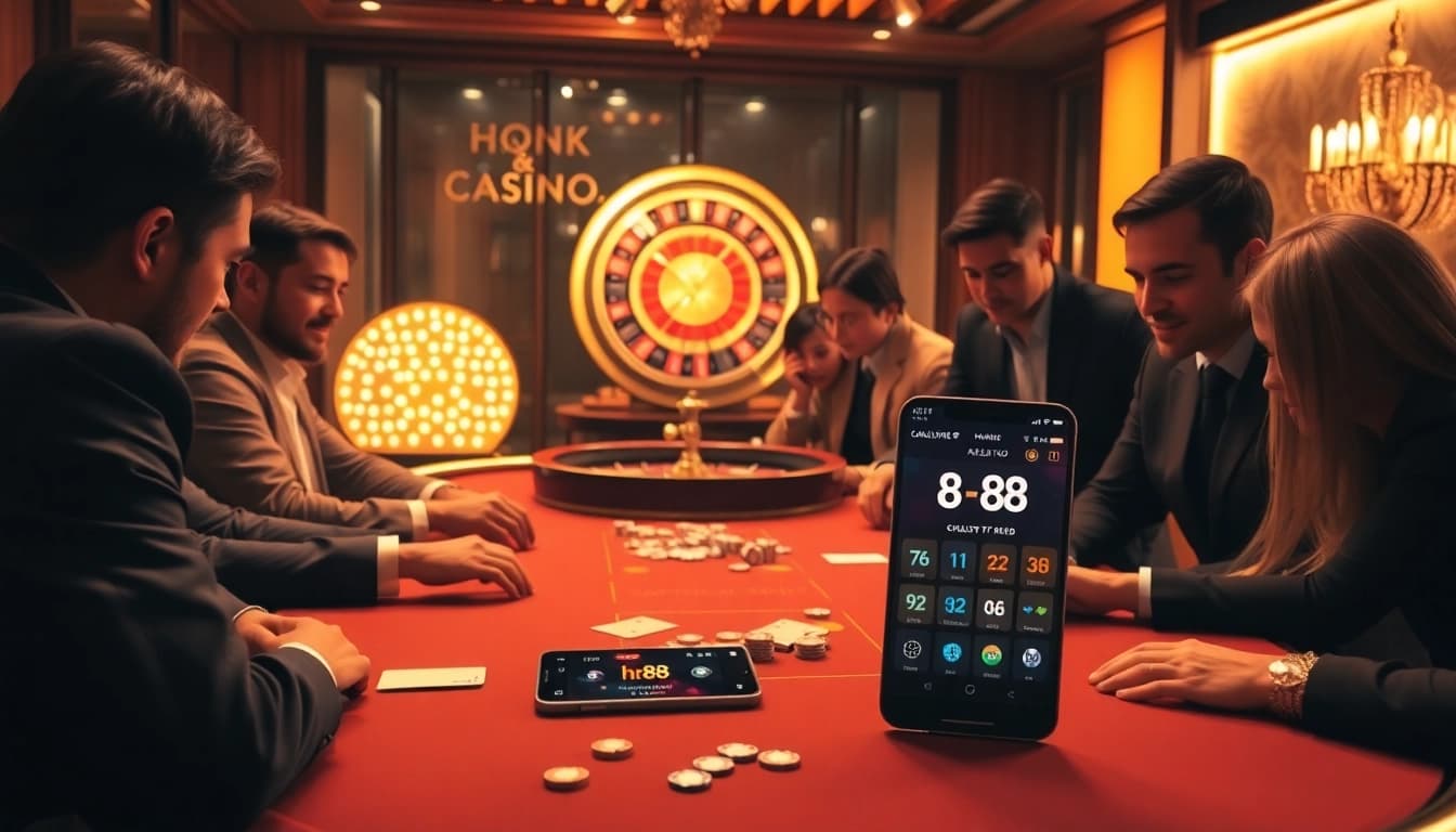 Players enjoying a poker game at a casino table, equipped with hb88 betting slips and chips.