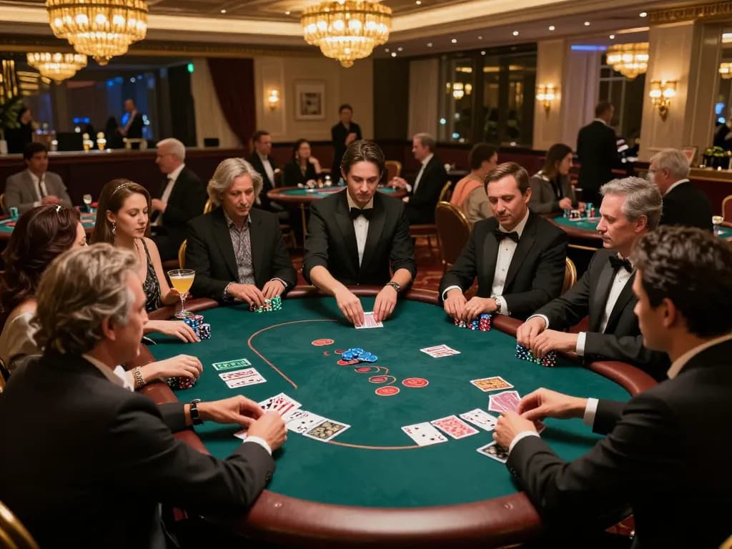 SC88 poker players strategizing during a high-stakes game in a luxurious casino.