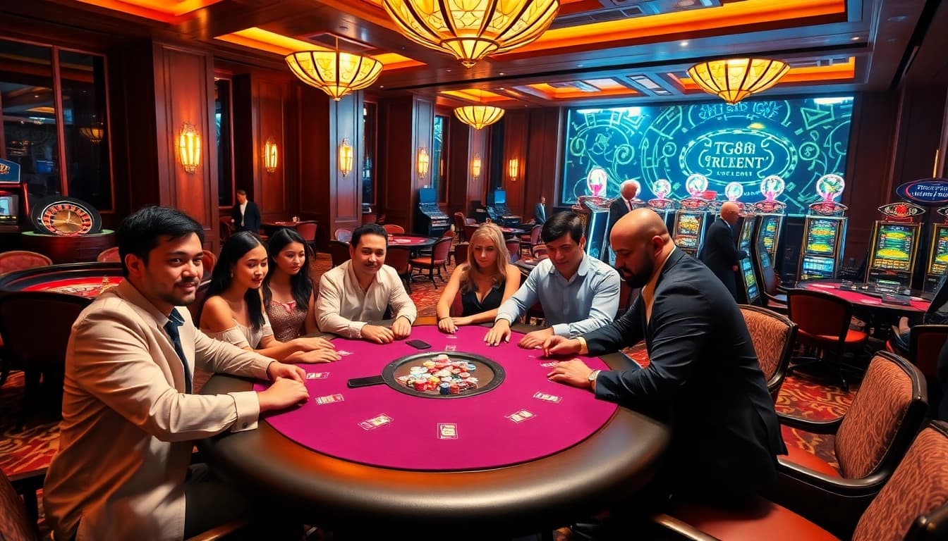Experience the thrill of winning at tg88.com with a vibrant casino scene featuring poker tables and slot machines.