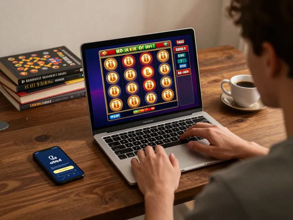 Engaging with oli4d on a laptop during slot gameplay, showcasing a cozy and responsible gaming environment.