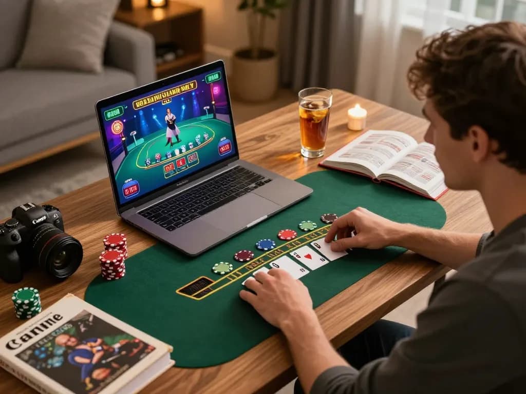33win player focusing on live dealer blackjack in a stylish home office setting