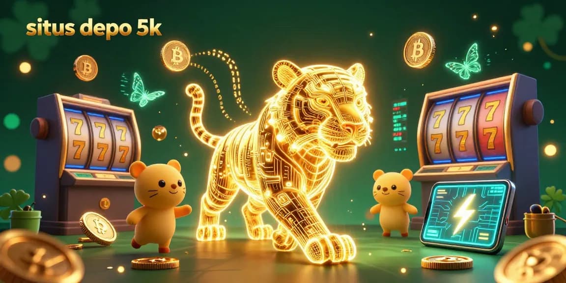 Spin reels on situs depo 5k with a vibrant 3D digital casino featuring a neon tiger and crypto elements.