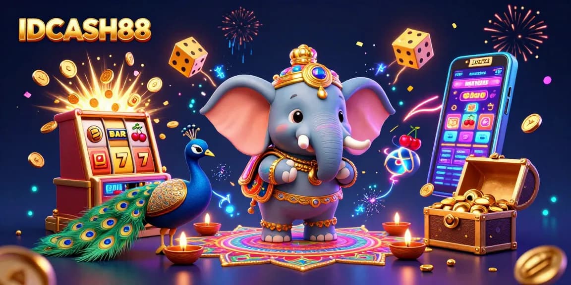 Experience thrilling wins at IDCASH88 with vibrant 3D casino slot scenes and prize-filled illustrations.