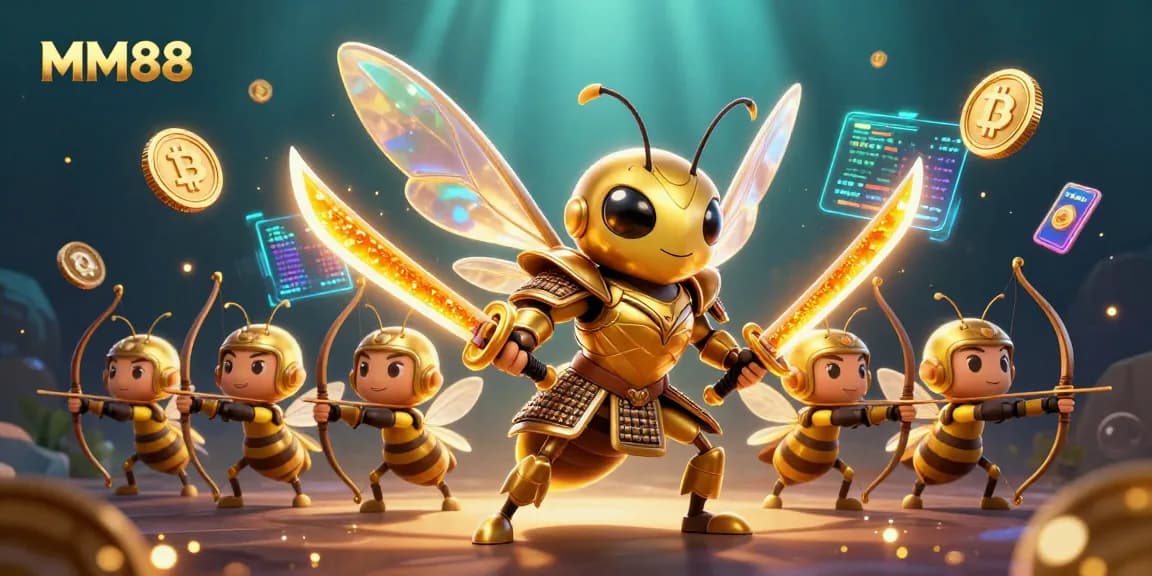 Engage with MM88 in an immersive 3D casino illustration showcasing dynamic characters and crypto elements.