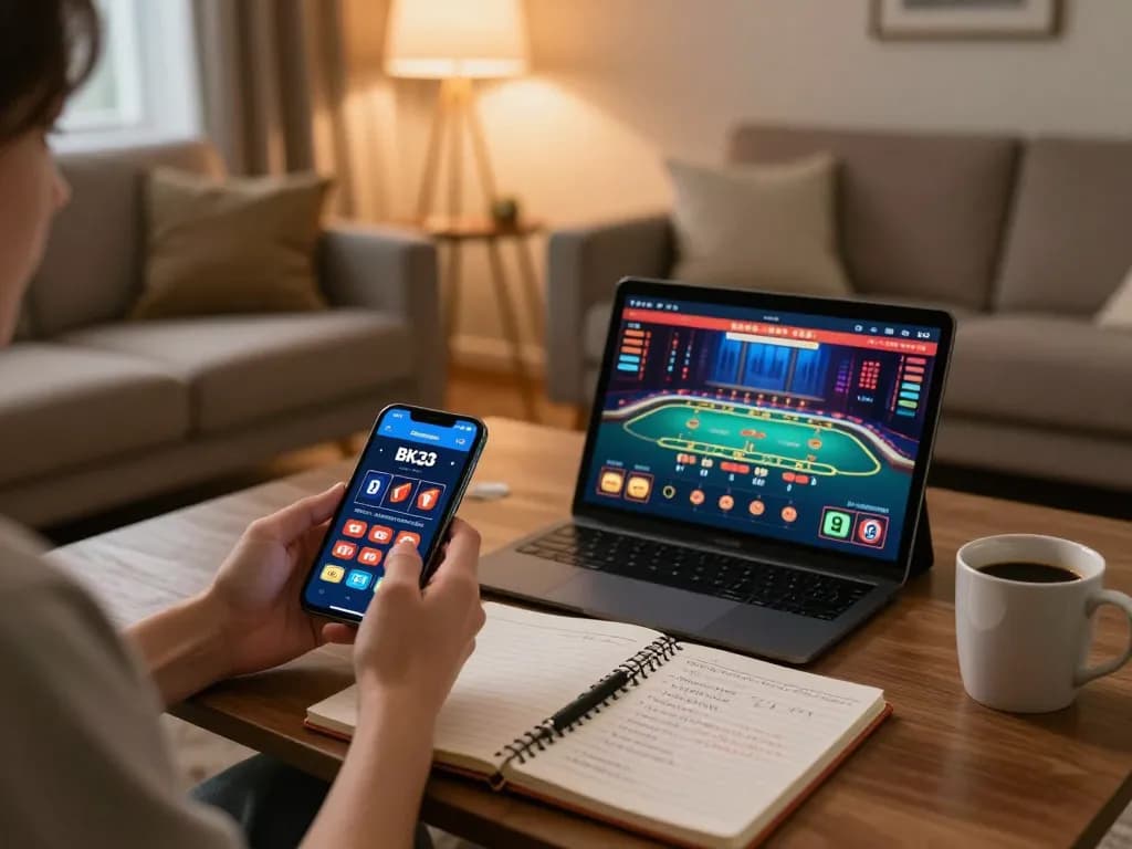 Play exciting games on BK33 with a smartphone in a cozy home setting, showcasing interactive online gambling.