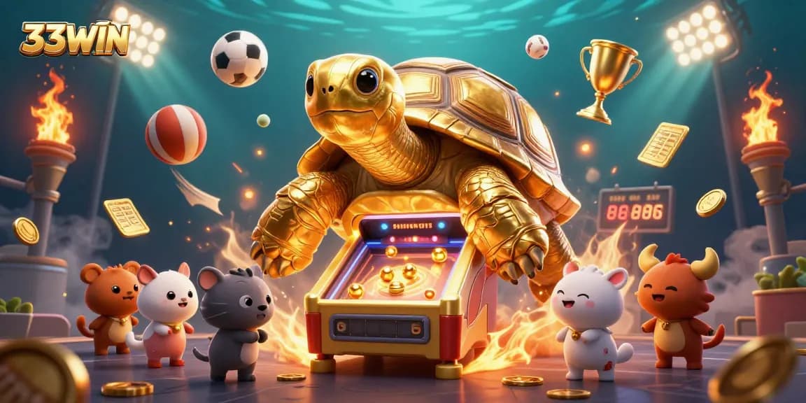 Engage in thrilling gameplay at 33WIN with a golden tortoise pinball machine and sports betting excitement.