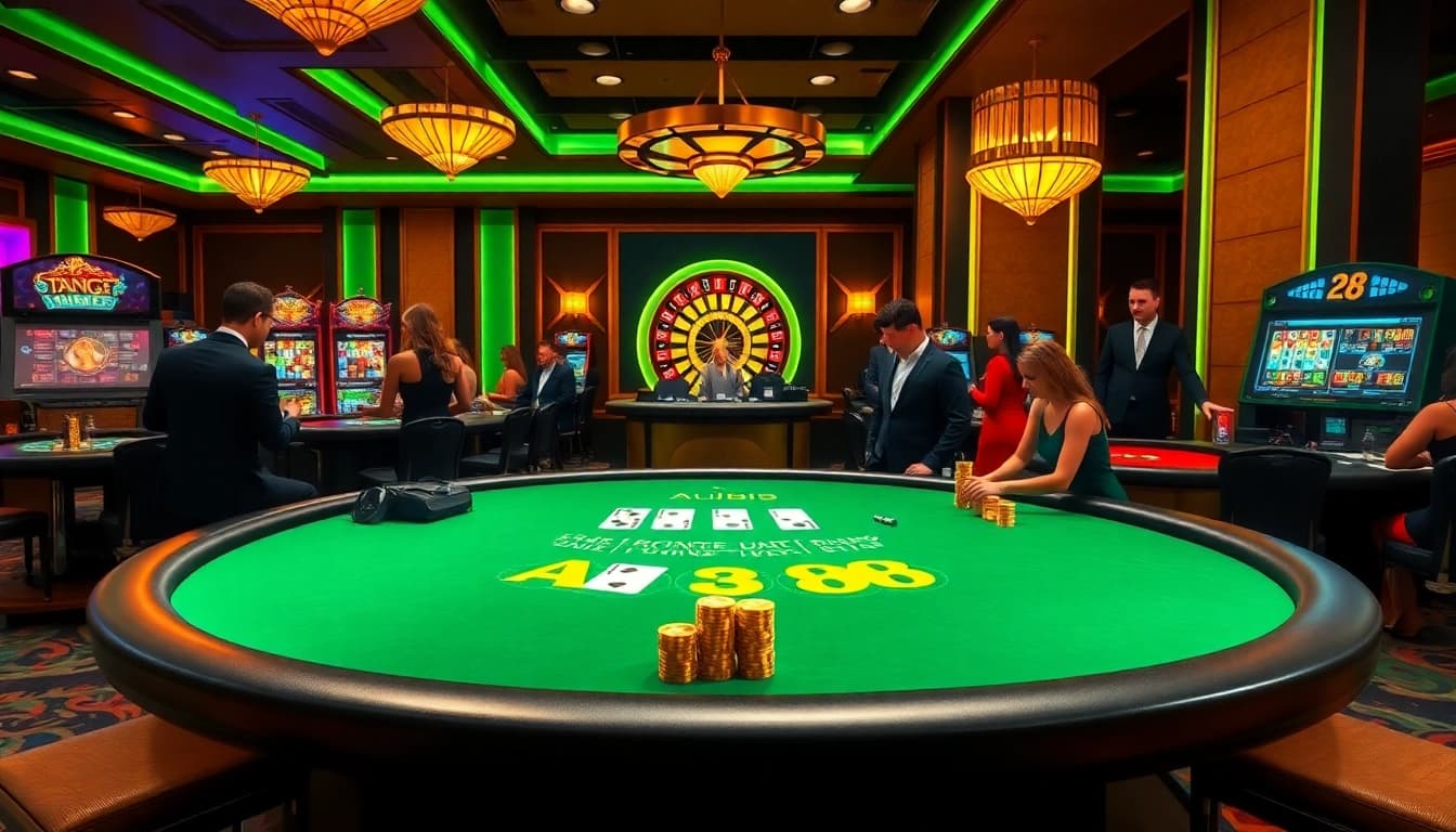 Players enjoying a thrilling game at au88 casino, with vibrant slot machines and an exciting atmosphere.