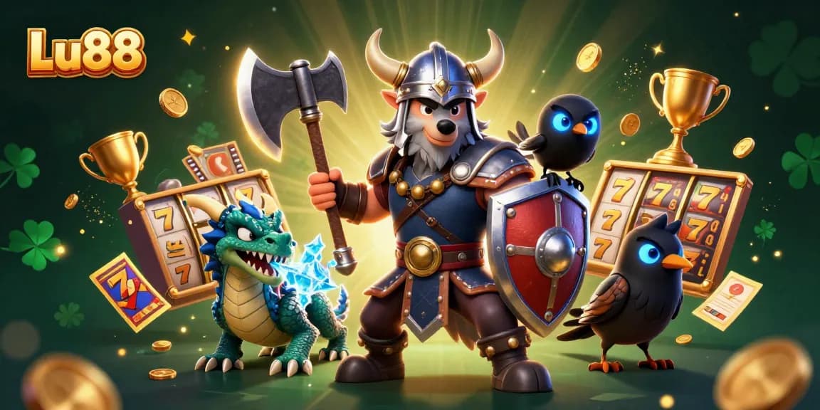 Lu88 showcases a captivating 3D scene with a Viking wolf warrior accompanied by a dragon and raven in an exciting casino atmosphere.