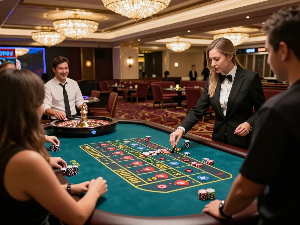 Players engaged at a roulette table experience the excitement of betting with OK8386 in a luxurious casino.