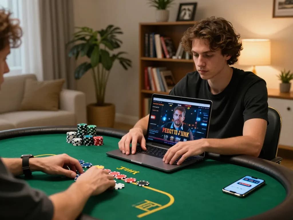 Enjoying a poker game online at home, highlighting strategic gameplay while discussing nhất vip 9.