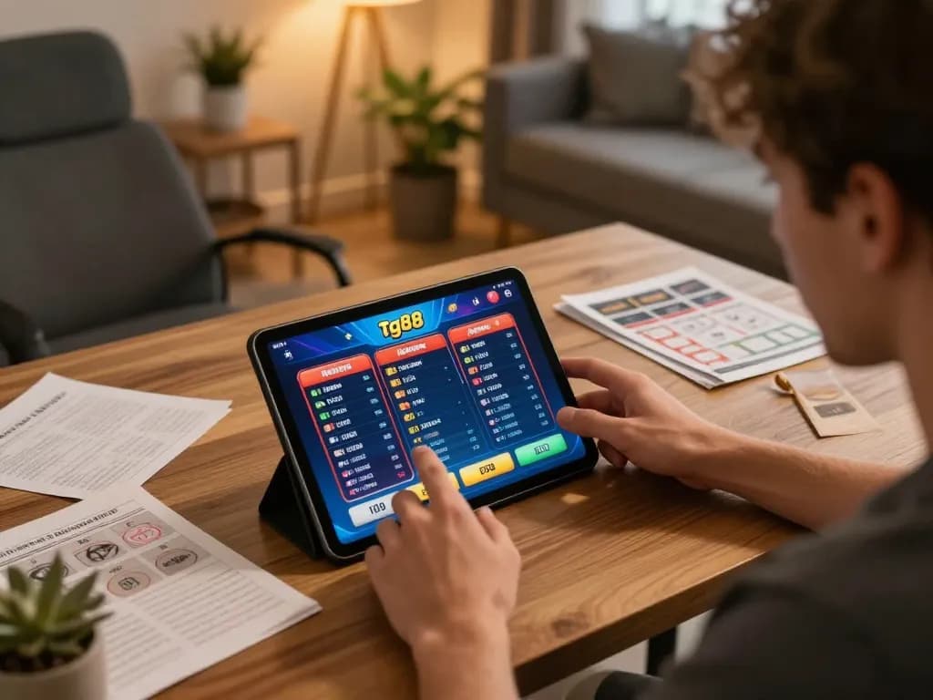 Player engaged with tg88 app on smartphone, showcasing online betting strategy in stylish living room