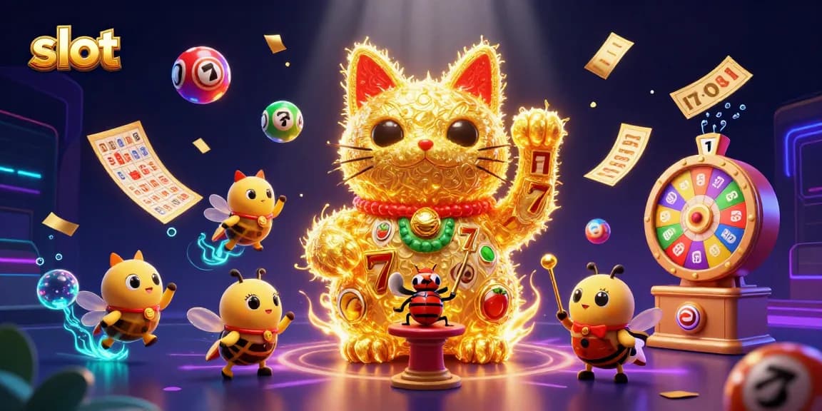 Experience thrilling slot games with a dynamic illustration featuring a lucky cat and casino symbols.