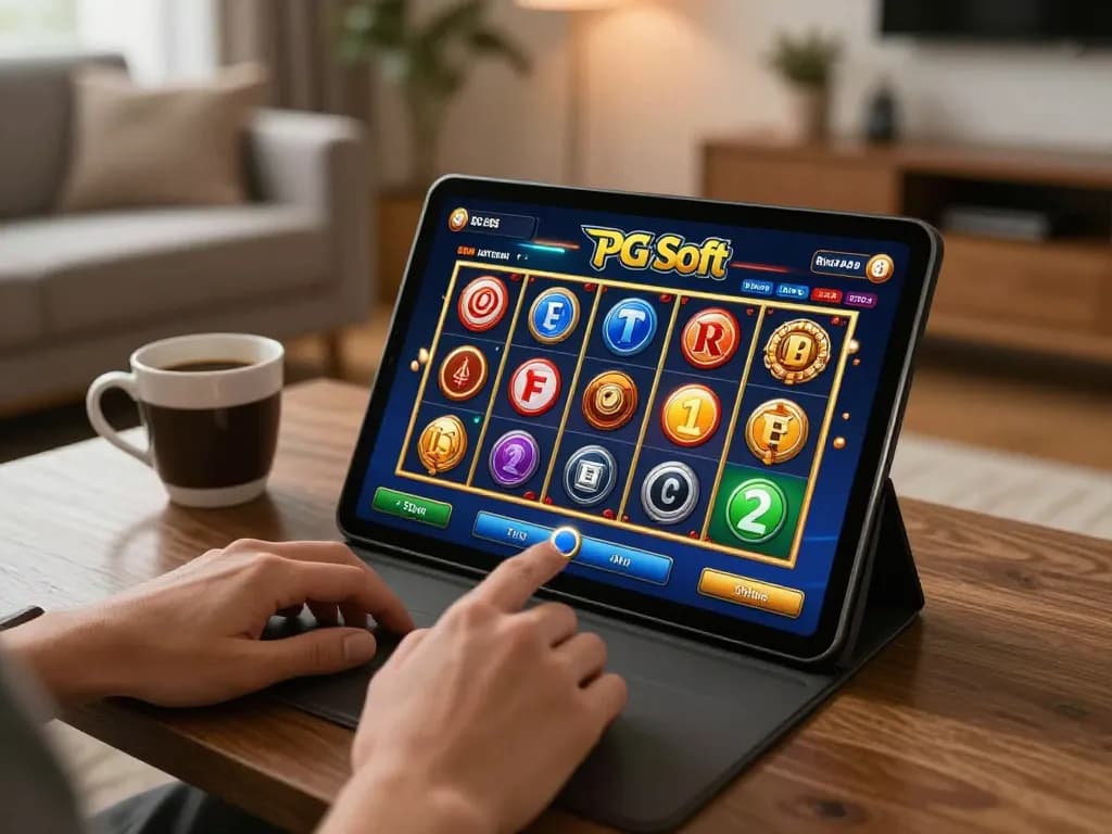 Terlibat dengan Slot Demo di tablet dalam pengaturan rumah yang nyaman, menekankan kenyamanan permainan online