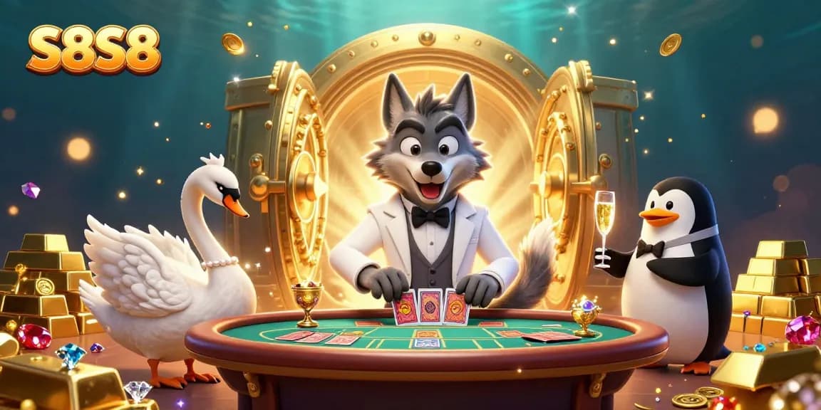 S8S8 showcases a lively gambling scene with a wolf and swan at a baccarat table, highlighted by sparkling treasures.