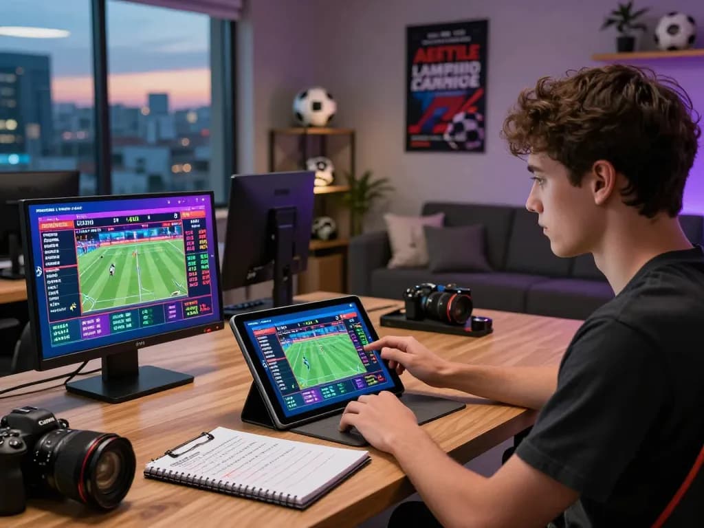 Engaging Fabet online betting experience with sports events and a tablet.