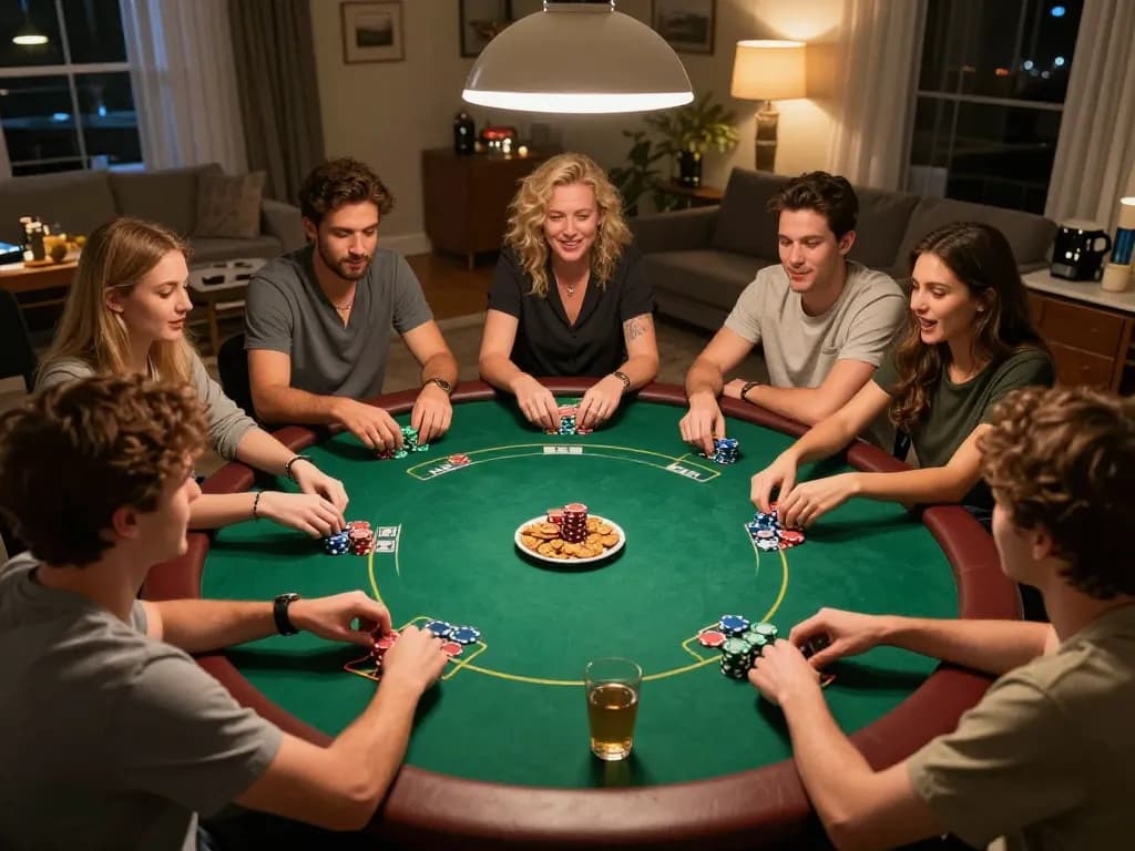 Friends enjoying a poker night at home, showcasing lively gameplay at 888New.