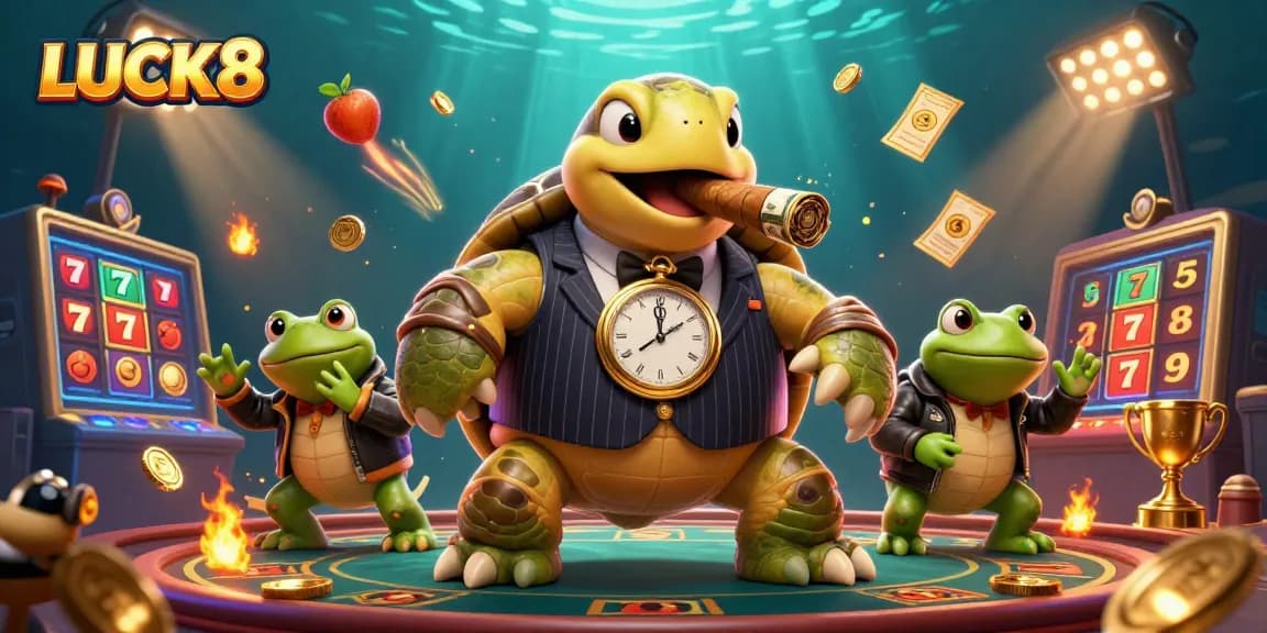 LUCK8 showcases vibrant casino action with a unique illustrated scene featuring a snapping turtle and bullfrog enforcers.