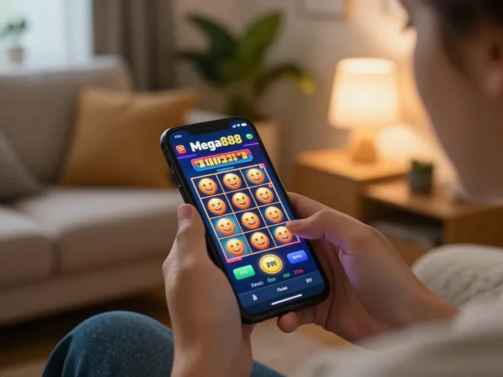 Engaging mobile gaming with apk mega888 on smartphone in cozy home setting