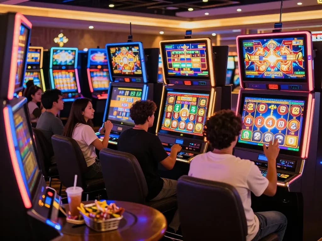 Nổ hũ jackpots celebrated by players at colorful slot machines during lively casino gaming.