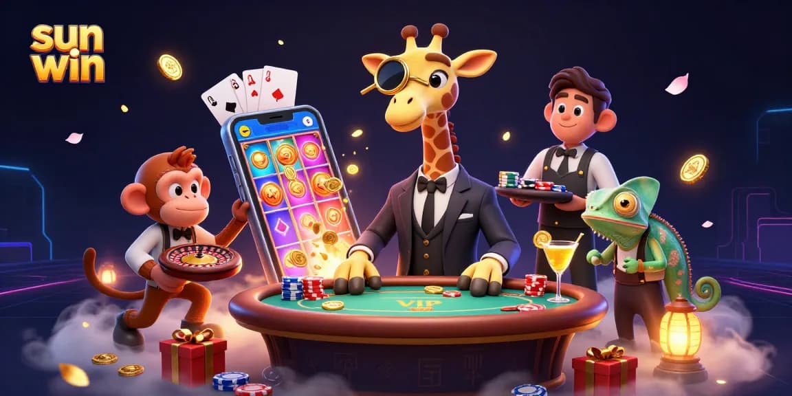 Experience thrill with sun win in this lively 3D casino scene featuring a stylish giraffe and interactive elements.