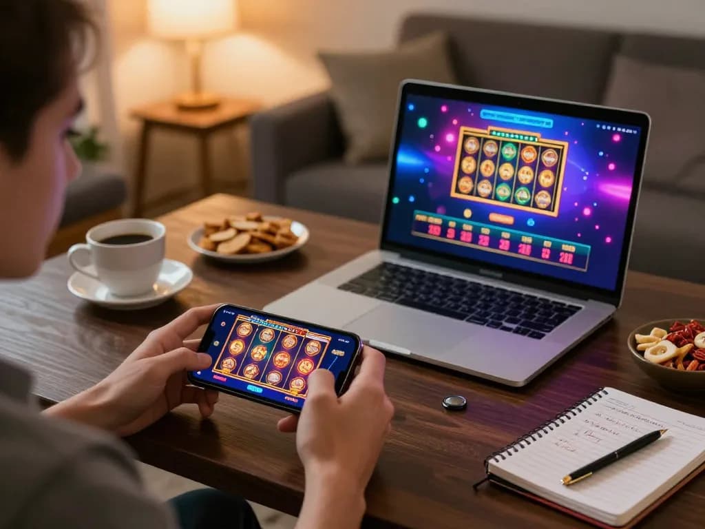 Player engaging with mb66 mobile casino games, showcasing a smartphone with exciting slot visuals and tables