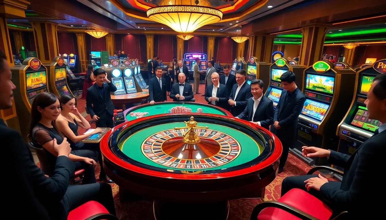 WW88 players enjoying a luxurious casino experience at a roulette table with vibrant decor.