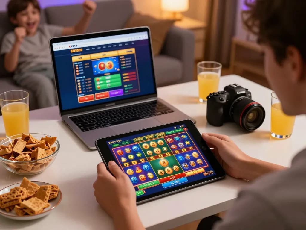 An individual enjoying KDTOTO online Toto Slot game on a tablet amid vibrant visuals and an engaging gaming atmosphere.