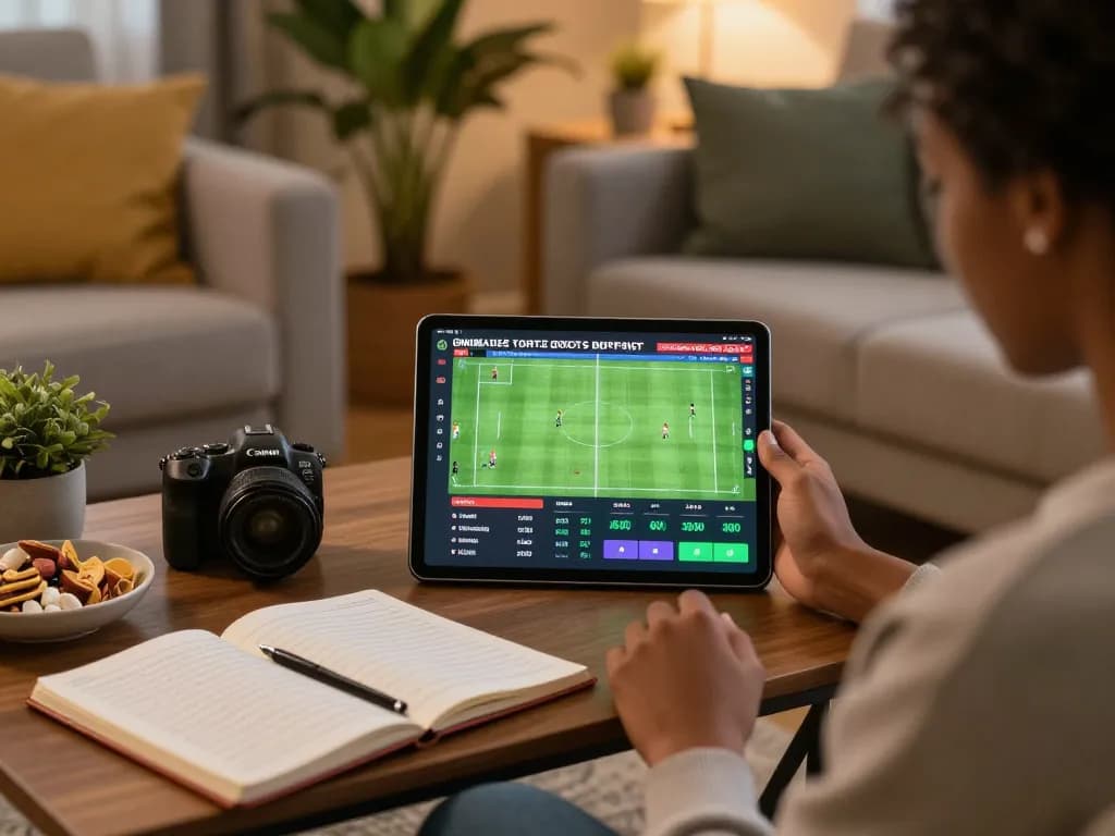 Engage with kèo bóng đá hôm nay using a tablet while placing strategic sports bets in a cozy living room
