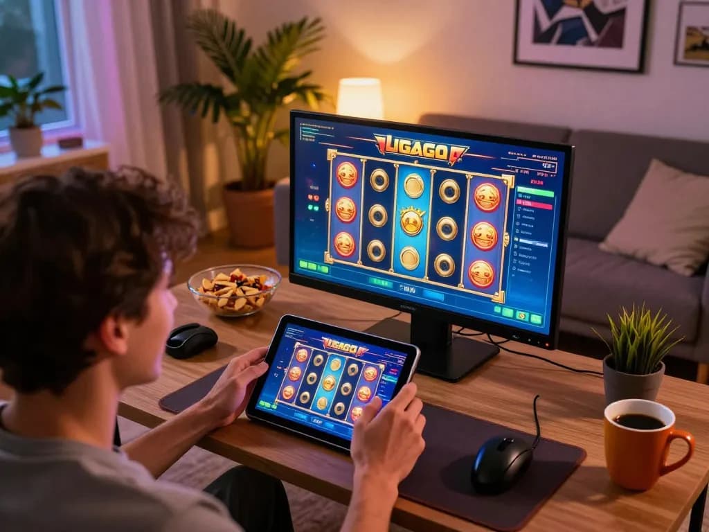 Engaging gameplay on ligalgo slot game displayed on tablet in a cozy living room setting