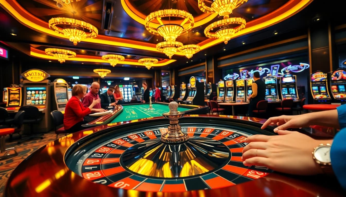 Experience y3娱乐 at an exciting casino, featuring a lively roulette table and vibrant atmosphere.