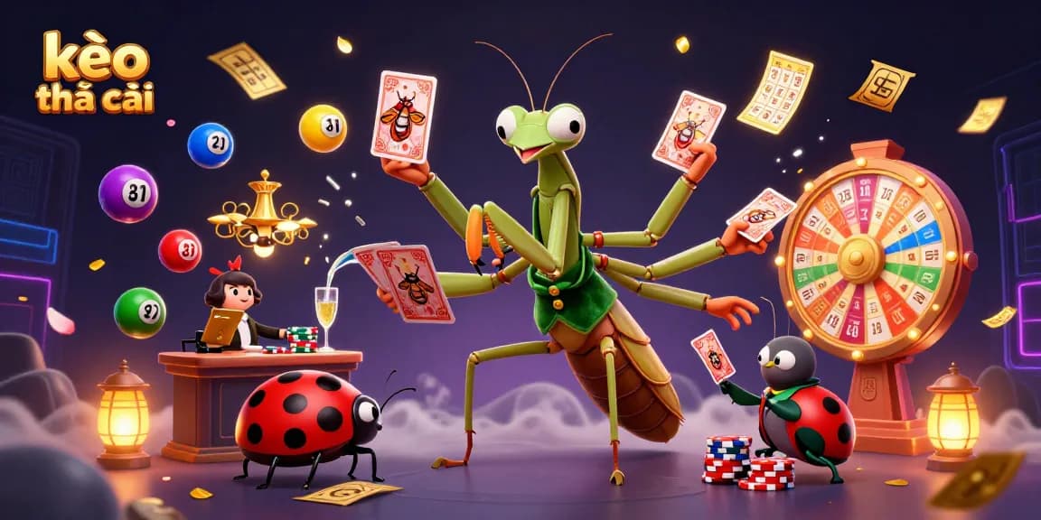 Engage with kèo nhà cái through an exciting 3D illustration of a mantis dealer and a ladybug pit boss in a vibrant casino.