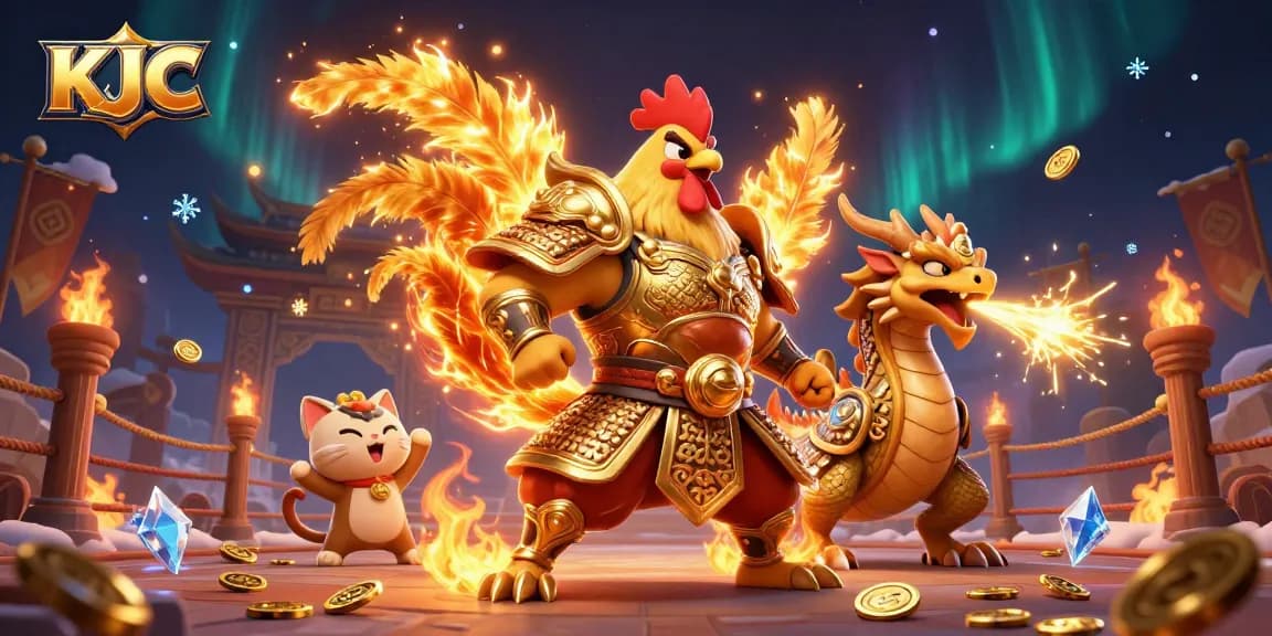 KJC presents a dynamic illustration featuring a powerful rooster warrior and fierce dragon hatchling in a vibrant online casino setting.