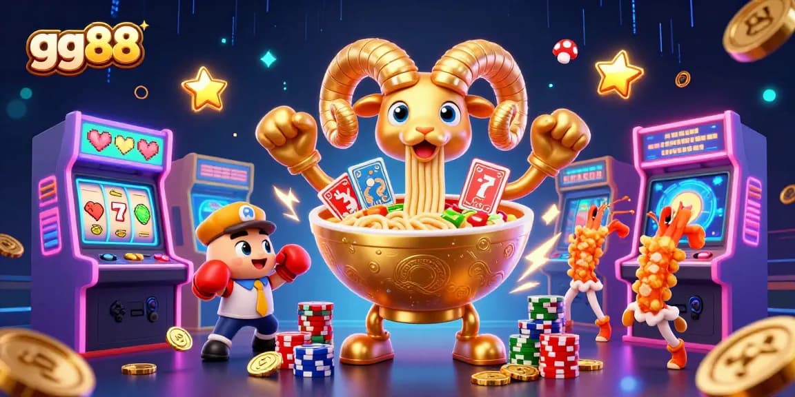 Experience thrilling wins at gg88 with a giant ramen bowl dealer, stacked chips, and vibrant casino elements.